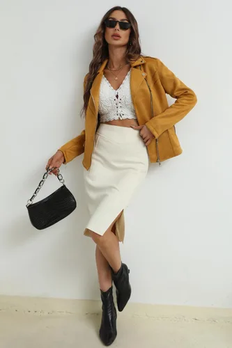 Vista 2 de Bellivera Chaqueta corta de piel sintética para mujer, con solapas, abrigo de gamuza para otoño, moda con microelástico