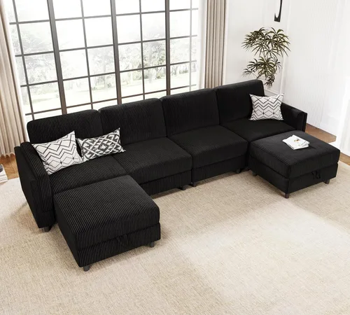 Vista 14 de KKL Sofá cama modular modular con otomana de almacenamiento, sofá cama convertible en forma de L/U para sala de estar, diseño reversible moderno