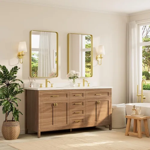 Vista 95 de TETOTE Espejo de marco dorado cepillado de 16 x 24 pulgadas, espejo de tocador de baño de latón dorado para pared, espejo enmarcado rectangular