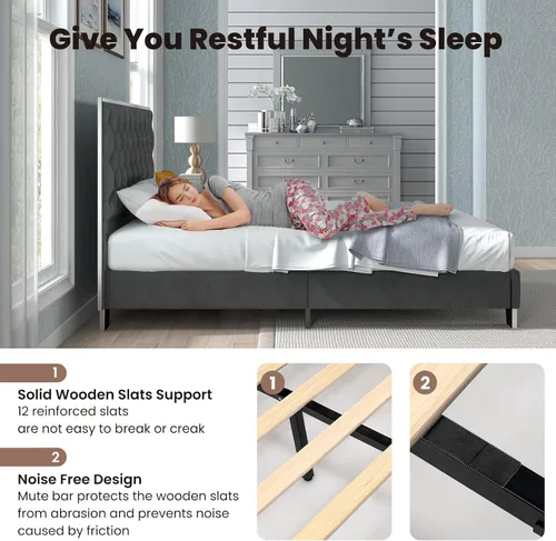 Vista 5 de Giantex Base de cama tapizada, plataforma moderna con cabecera de terciopelo capitoné con botones, marco de cama tamaño matrimonial, base de colchón