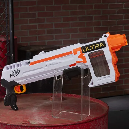Vista 5 de Nerf Ultra Three Blaster, acción de bomba, clip interno de 8 dardos, 8 dardos Ultra, compatible solo con dardos Ultra
