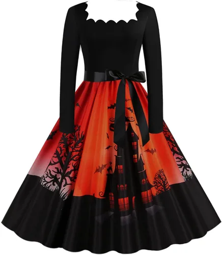 Vista 2 de Disfraz de gato para mujer para niñas, estampado de moda, manga larga, cuello cuadrado, casual, dobladillo de Halloween