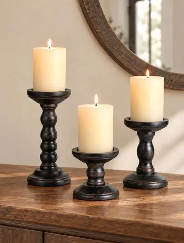Vista 12 de Romadedi - Portavelas de madera para pilar, marrón oscuro, juego de 3 Portavelas rústico vintage, decoración de soporte de vela de granja