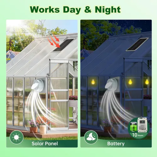 Vista 3 de Ventilador solar para gallinero con batería, ventiladores de escape alimentados por panel solar de 25 W con cable de interruptor de Batería 8000mA