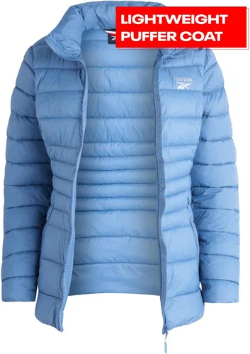 Vista 2 de Reebok Chaqueta para mujer, abrigo ligero acolchado, cuello protector de tormentas, abrigo rompevientos para mujer, S-XL