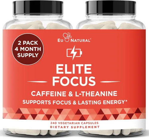 Vista 10 de Elite Cafeína con L-teanina, fuerza extra sin temblores, energía enfocada, cápsulas nootrópica natural para el rendimiento cognitivo, 120 cápsulas