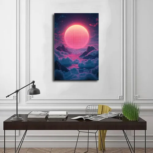 Vista 3 de 80s Vaporwave Neon Geometry Art – Retro Futuristic Poster – Digital Synthwave Wall Hanging Canvas Poster Wall Art Decor Print Picture Paintings for
