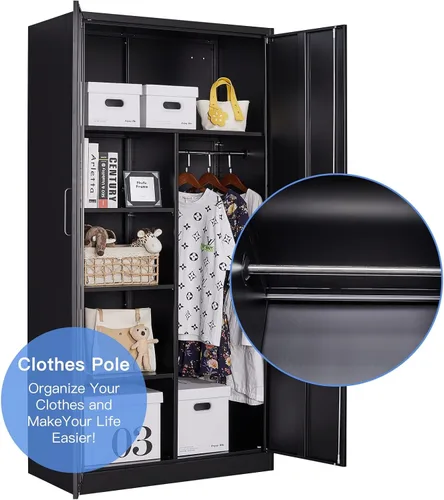Vista 6 de Yizosh Armario de metal para colgar ropa con puertas de cerradura, armario de acero con cerradura de 72 pulgadas, organizador de ropa para Negro