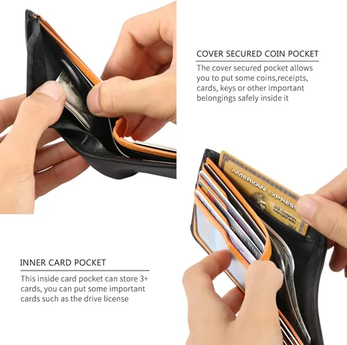 Vista 3 de Billeteras delgadas de piel de becerro para hombres con bloqueo RFID, bolsillo frontal de cuero, billetera minimalista plegable de fácil acceso