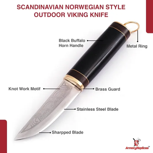 Vista 3 de Armory Replicas Cuchillo vikingo al aire libre de estilo noruego escandinavo con funda, hoja grabada