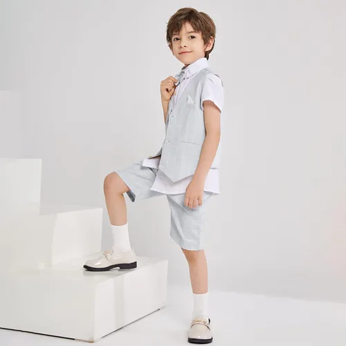 Vista 6 de Traje de verano para niños, ropa de vestir para niños, traje de portador de anillo de boda, 4 piezas, camisa, chaleco y pantalones cortos