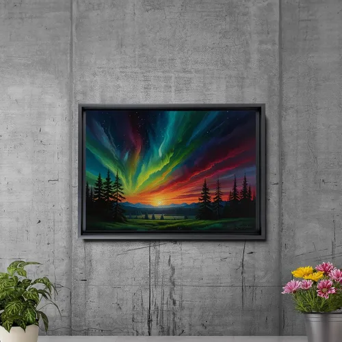 Vista 5 de Aurora Borealis, Northern Lights Art, framed canvas print, snow capped mountain landscape art, synthwave vaporwave, Print On Canvas, Decor