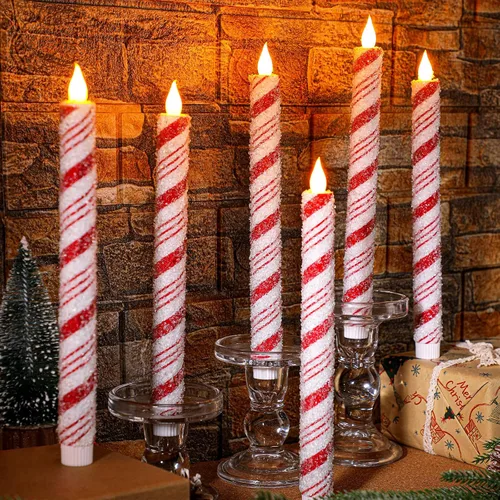 Vista 11 de Baquler 6 velas cónicas sin llama de Navidad de 10.6 pulgadas con temática de elfo, velas LED de Navidad que funcionan con pilas, candelabros