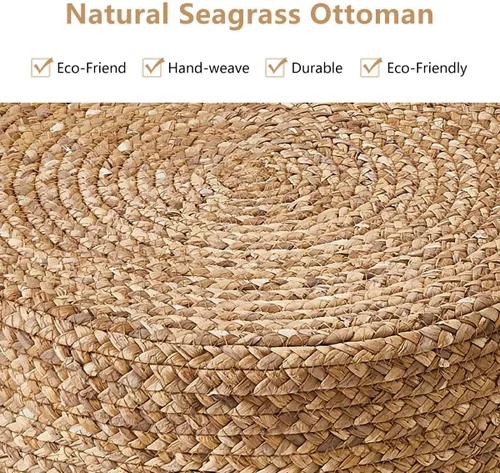 Vista 5 de Wimarsbon 2 puf otomanos, taburete de hierba marina natural, otomana redonda tejida a mano, asiento decorativo bohemio, puf trenzado de yute