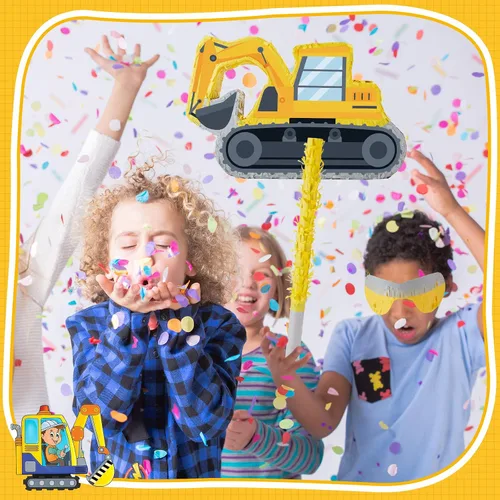 Vista 7 de Lewtemi Piñatas de excavadora para fiesta de cumpleaños con palo, venda para los ojos y confeti, suministros para fiesta de cumpleaños para adultos