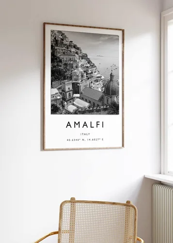 Vista 2 de Impresión de pared Amalfi, arte de pared de Amalfi Italia, impresión de pared de Italia, arte de viaje, arte de pared, en blanco y negro, viajes