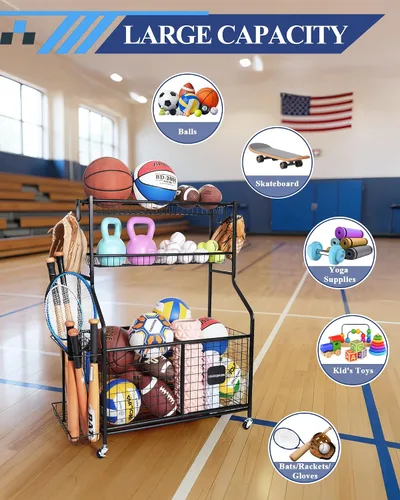 Vista 2 de Organizador de almacenamiento de equipos deportivos con ruedas rodantes, carrito de almacenamiento de pelota de garaje para baloncesto, fútbol