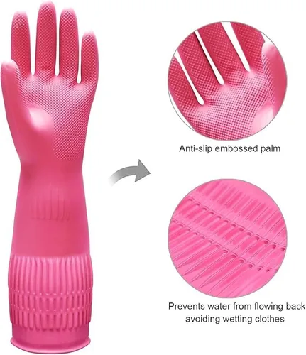 Vista 2 de 3 pares de guantes de lavado de platos, guantes de limpieza reutilizables de 15 pulgadas para tareas de cocina, baño y hogar, goma gruesa y flexible