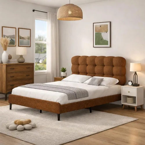 Vista 6 de Base de cama individual BarnFurin con cabecera tapizada, tela suave tipo bouclé, cama plataforma con fuerte soporte de listones de madera, diseño