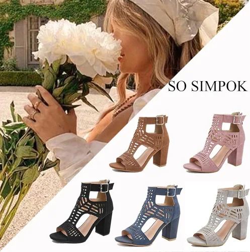 Vista 2 de SO SIMPOK Chunky Heel Sandals for Women Cut Out Peep Toe Zipper Block Heel Sandals Summer Beach Dressy Party High Heeled Sandals