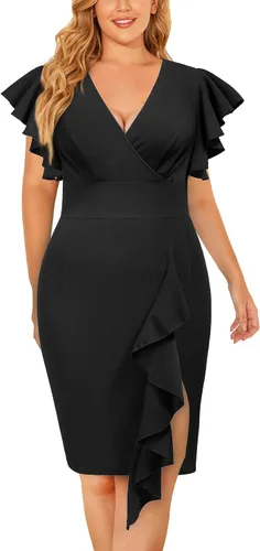 Vista 5 de Miusol Vestido de tubo vintage con cuello en V para mujer, manga con volantes, para negocios, cóctel, fiesta, talla grande