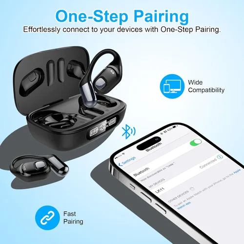 Vista 5 de Auriculares de oído abierto, auriculares Bluetooth 5.3 inalámbricos de conducción aérea con micrófono, estuche de carga con pantalla LED y carga Rosa