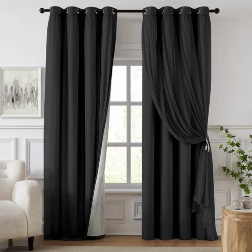 Vista 20 de cortinas 100% opacas para dormitorio, cortinas rosadas de doble capa, cortina oscura de 96 pulgadas de largo con superposición transparente