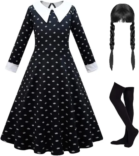 Vista 2 de LAXPOR Disfraz familiar de Wednesday Addams para niños, cosplay, Halloween, vestido floral gótico negro para niñas