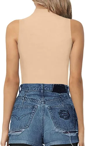 Vista 3 de MANGOPOP Camiseta sin mangas con cuello de tortuga falso, manga corta, leotardo