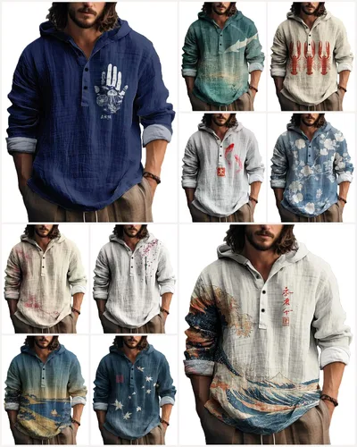 Vista 5 de MARSVOVO Camisa con capucha para hombre, vintage, retro, de 3 botones, manga larga, ligera, ligera, a la moda, casual, para uso diario, primavera