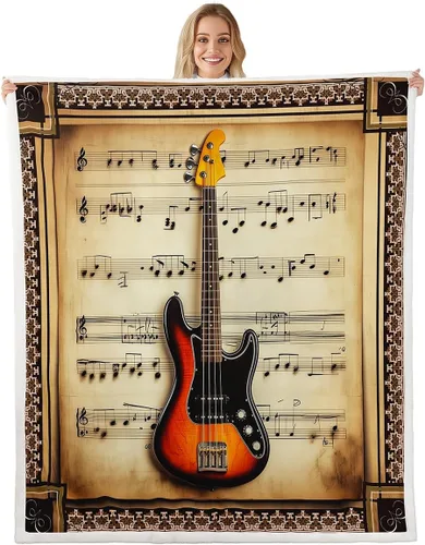 Vista 29 de Castle Fairy Manta de felpa para niños con estampado de guitarra, temática musical, instrumentos de bajo, manta de cama para decoración del hogar