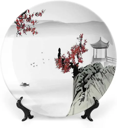 Vista 10 de XISUNYA Plato decorativo de 6 pulgadas, artesanía de cerámica asiática, majestuosos picos del Himalaya, cultura circular, impresión artística, placa