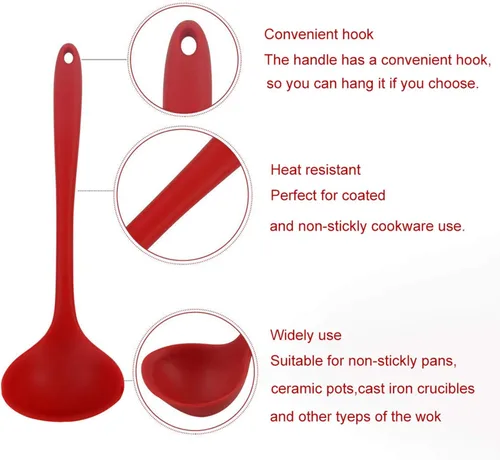 Vista 3 de Juego de 2 cucharones de silicona para sopa, antiadherentes, resistentes al calor, mango largo, irrompible, grande, redonda, para cocina en casa