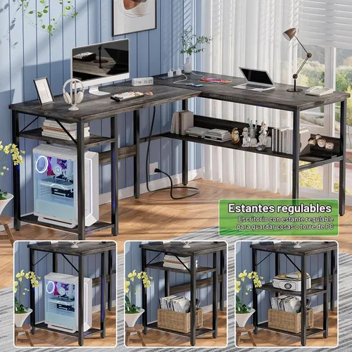 Vista 7 de Unikito Escritorio reversible en forma de L con tomas de corriente mágicas y puertos de carga USB, escritorio de esquina para computadora resistente