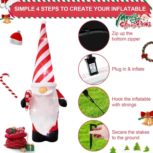 Vista 6 de Decoración inflable de Navidad de 7 pies para exteriores, enano con sombrero, decoración inflable de patio con luces LED integradas, adecuado