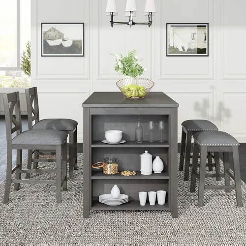Vista 17 de Farmhouse - Juego de comedor rústico de 5 piezas con 4 taburetes, juego de mesa consola de madera con acabado de dos tonos, para comedor pequeños