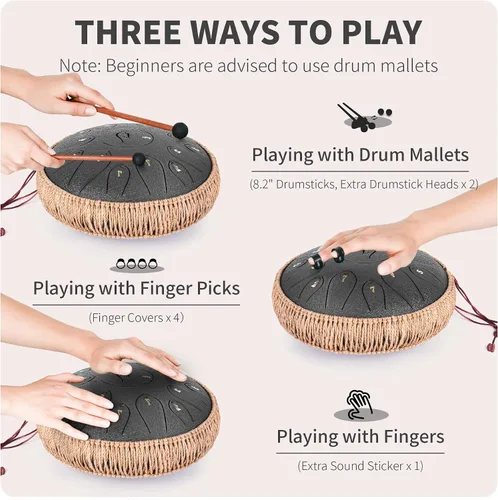 Vista 5 de Tambor de Lengua de Acero, 12 Pulgadas 15 Notas Tambores de Lengua, Tambores Handpan Instrumento de Percusión para Niños y Adultos, Tambor de Mano