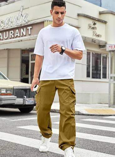 Vista 4 de JMIERR Pantalones cargo holgados para hombre, estilo casual, de paracaídas, holgados, con bolsillos, para uso urbano