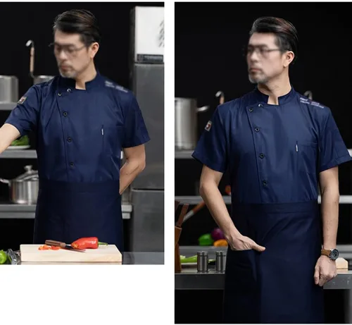 Vista 2 de Abrigo de chef unisex de manga corta, uniforme de chef de cocina, chaqueta de trabajo ligera con bolsillos