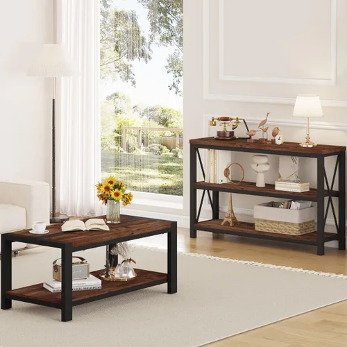 Vista 6 de BON AUGURE Mesa auxiliar para sala de estar, mesas industriales de madera y metal, mesa central rectangular de granja (roble rústico, 43 pulgadas)