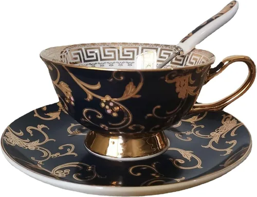 Vista 9 de YBK Tech - Juego de tazas y platillos de porcelana estilo europeo, taza de café de cerámica para el hogar, cocina, boda (patrón de leopardo)
