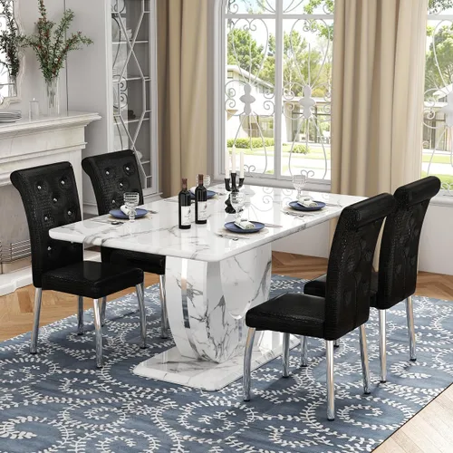 Vista 65 de JUFU Juego de mesa de comedor moderno para 4, juego de mesa de cocina rectangular de 63 pulgadas con mesa de mármol sintético y 4 sillas tapizadas