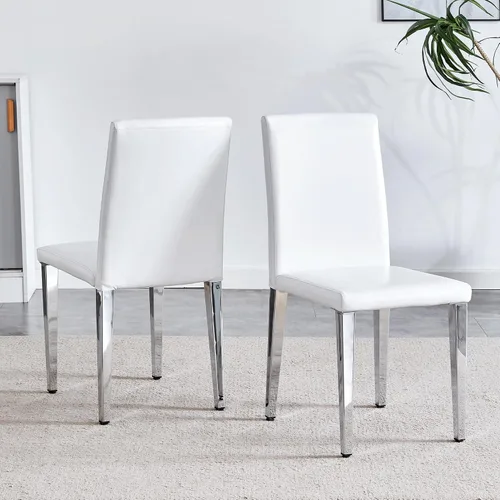 Vista 10 de Juego de 4 sillas de respaldo de piel sintética blanca con patas de metal plateadas. La combinación perfecta, adecuada para estilos minimalistas