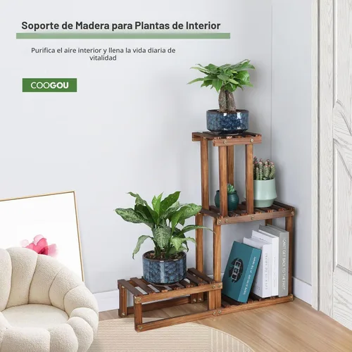 Vista 6 de Soporte de madera para plantas para interiores y exteriores, 4 niveles, estante para macetas esquineras, soporte para macetas para sala de estar