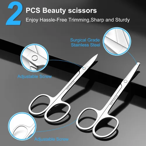 Vista 6 de Tijeras pequeñas de pelo facial para hombres y mujeres, cejas, nariz, barba, bigote, pestañas, juego de recortar el pelo de las orejas, tijeras