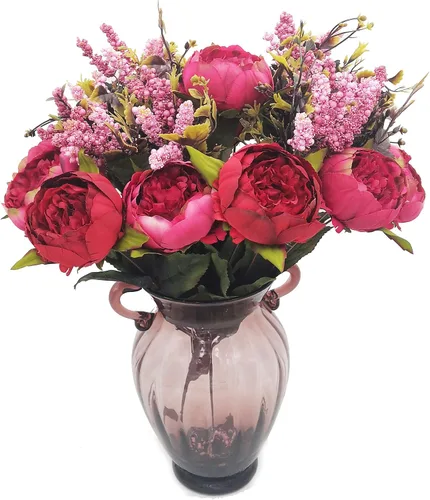 Vista 9 de 1 ramo de peonía artificial, racimo de peonía de seda de 19 pulgadas con 7 flores sintéticas, flores artificiales de estilo clásico con hojas y Azul