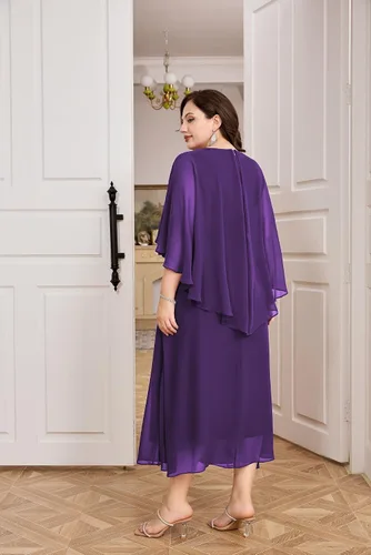 Vista 2 de Hanna Nikole Vestido de fiesta de noche de gasa con cuello en V para mujer, talla grande, manga capa, maxi vestidos para invitados de boda