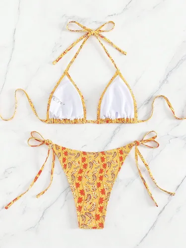 Vista 4 de OYOANGLE Conjunto de bikini de 2 piezas para mujer, estampado floral, triángulo, halter con lazo lateral, traje de baño