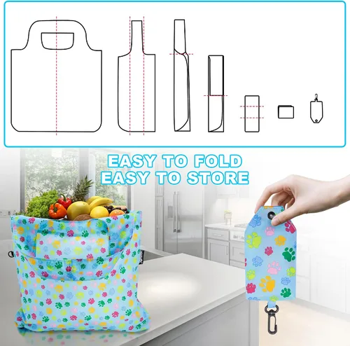Vista 5 de HOLYLUCK Bolsas de comestibles reutilizables, bolsa de compras plegable resistente (estándar, 3 huellas de patas de perro azules)