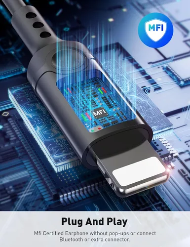 Vista 3 de iMangoo Diseño para auriculares con cable certificados MFi de Apple para audífonos Lightning, auriculares de alambre magnético con cable
